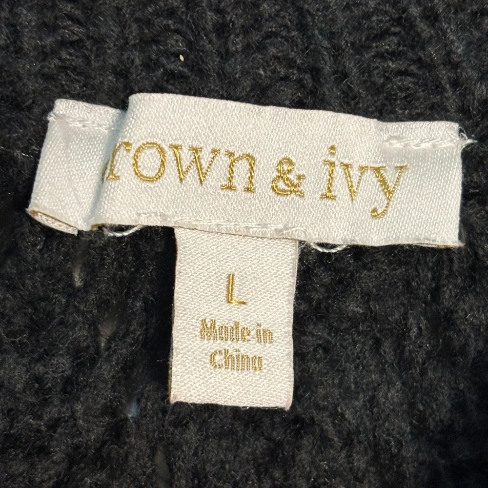 Crown & Ivy Large Fair Isle Sweater Balloon Sleeve Nordic Eyelet Fisherman Grey